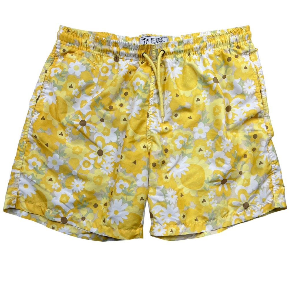 Free Planet Swim Trunks Mens XL Yellow Floral Retro Board Shorts 6in Inseam